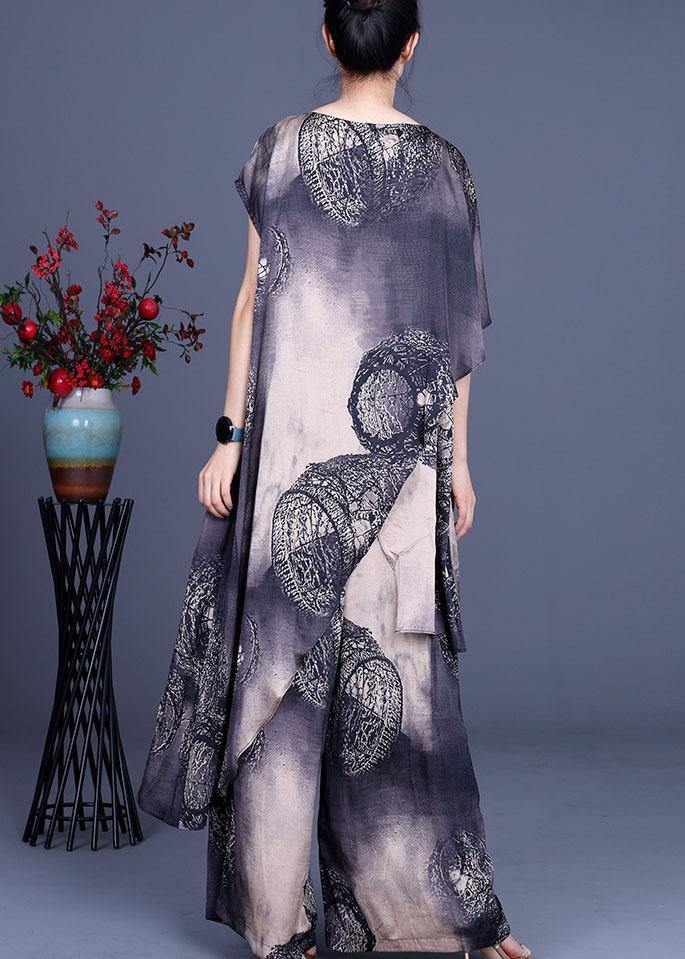 Simple Black Khaki Print Silk Asymmetrical design Wide Leg Two Pieces Set - SooLinen