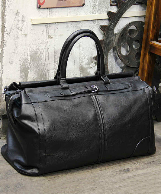 Simple Black Large Capacity Solid Durable Faux Leather Duffel Bag