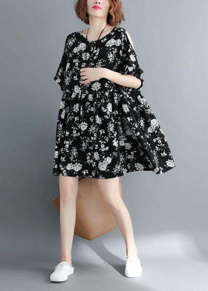 Simple Black Loose Print Summer Party Mini Dress Half Sleeve - SooLinen