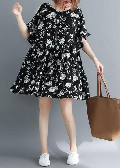 Simple Black Loose Print Summer Party Mini Dress Half Sleeve - SooLinen