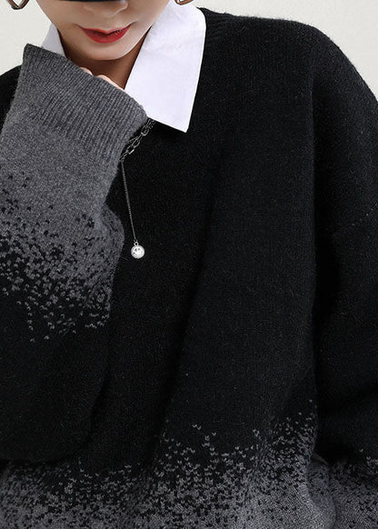 Einfache schwarze O-Ausschnitt Farbverlauf Herbst Strickpullover