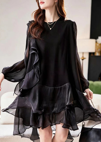 Simple Black O-Neck Ruffled Patchwork Tulle Dress Fall