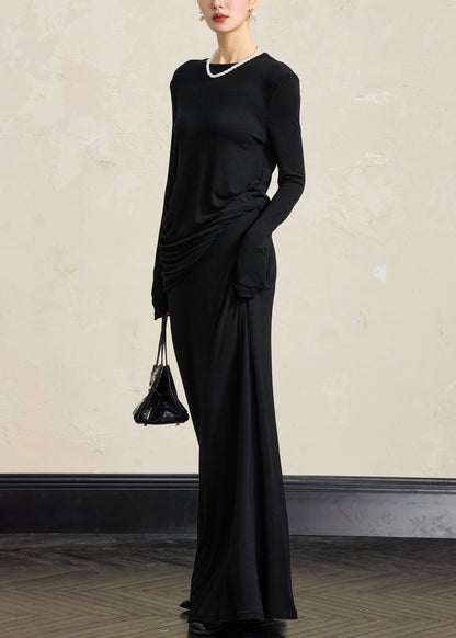 Simple Black O Neck Tops And Skirts Solid Cotton Two Pieces Set Fall