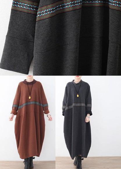 Simple Black Patchwork Print Loose Fall Dress - SooLinen