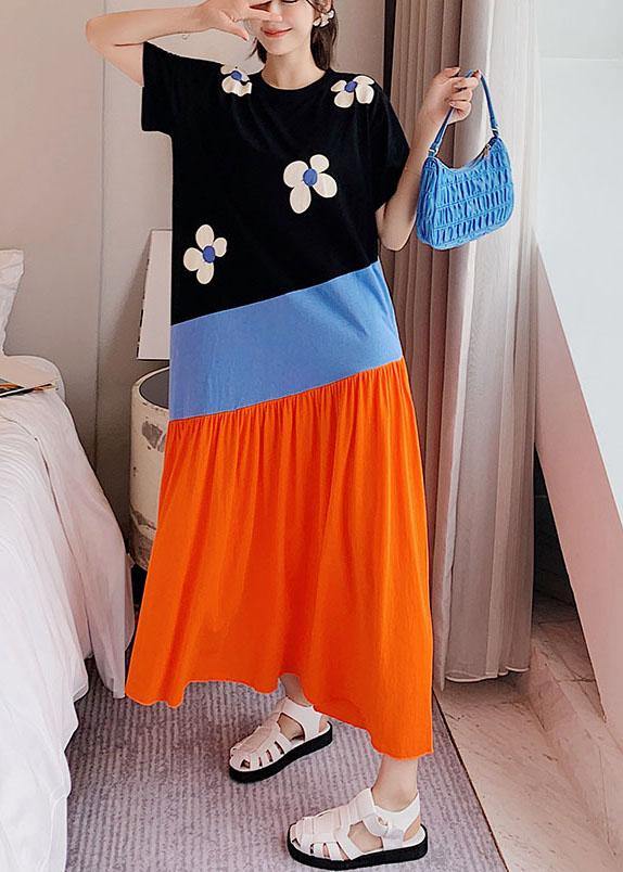 Simple Black Patchwork Print Summer Casual Holiday Dress Short Sleeve - SooLinen