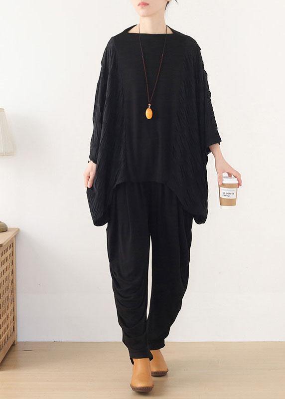 Simple Black Patchwork Wrinkled Batwing Sleeve Fall Shirt Tops - SooLinen