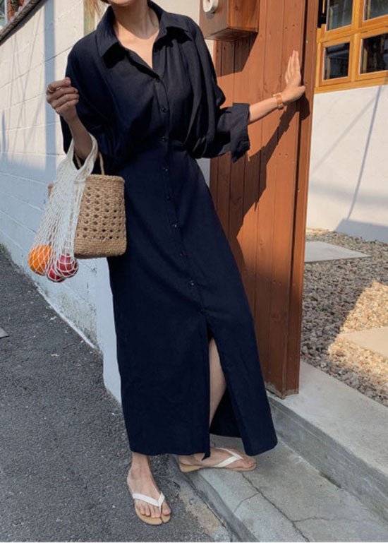 Einfaches schwarzes Peter-Pan-Kragen-Schnür-Taille-Baumwoll-langes Kleid Frühling