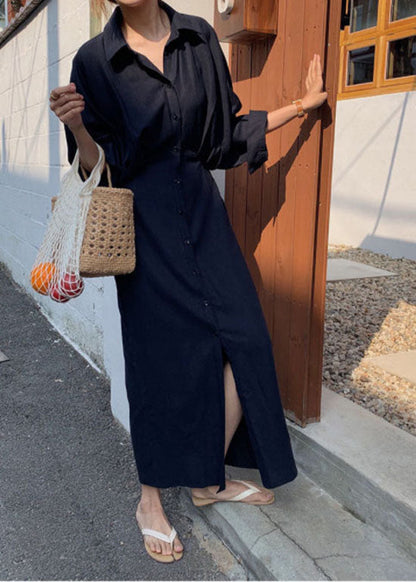 Einfaches schwarzes Peter-Pan-Kragen-Schnür-Taille-Baumwoll-langes Kleid Frühling