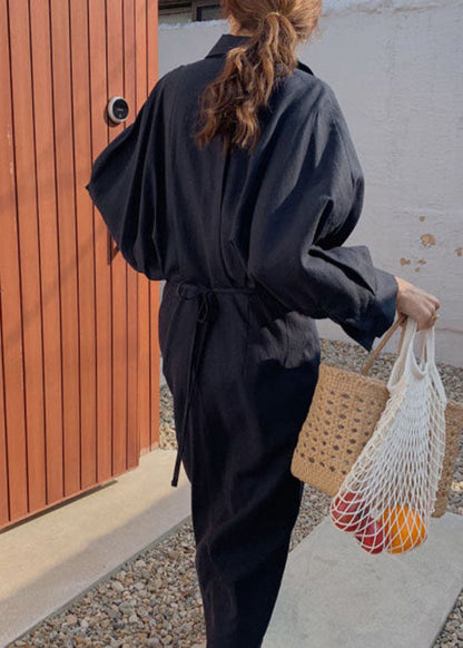 Einfaches schwarzes Peter-Pan-Kragen-Schnür-Taille-Baumwoll-langes Kleid Frühling