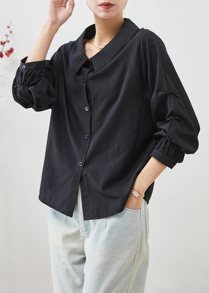 Einfache Schwarze Peter Pan Kragen Zerknitterte Baumwolle Tops Sommer