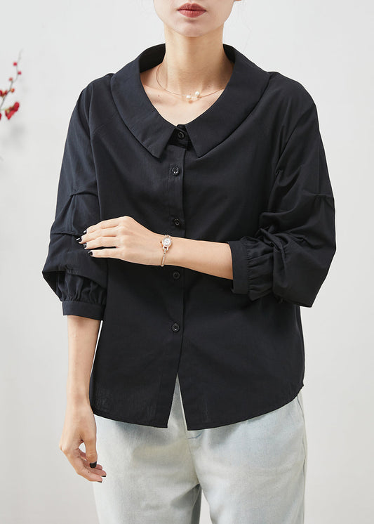 Einfache Schwarze Peter Pan Kragen Zerknitterte Baumwolle Tops Sommer