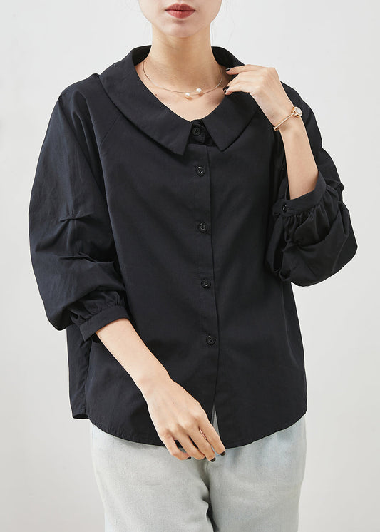 Einfache Schwarze Peter Pan Kragen Zerknitterte Baumwolle Tops Sommer