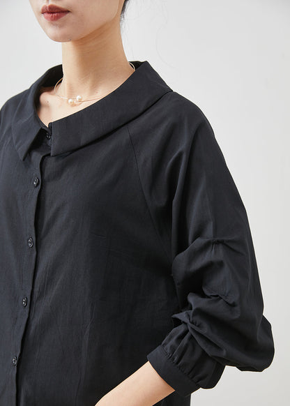 Einfache Schwarze Peter Pan Kragen Zerknitterte Baumwolle Tops Sommer