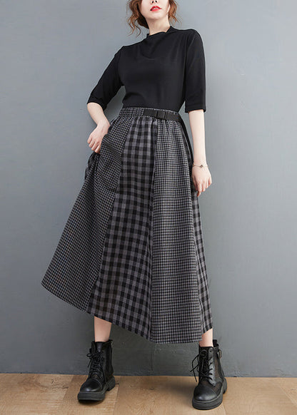 Einfache Schwarz Plaid elastische taille Patchwork A Linie Rock Frühling