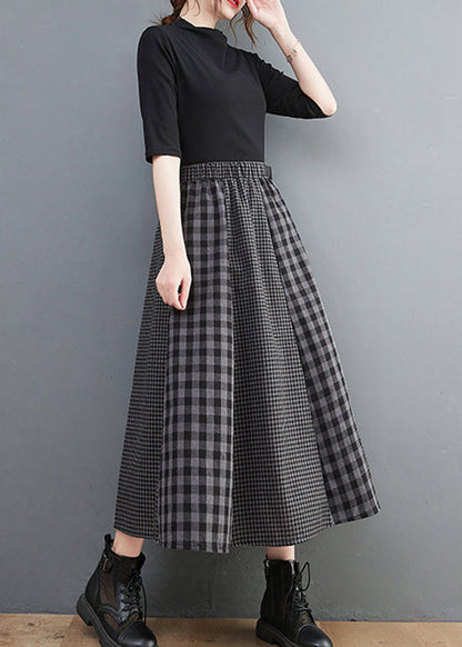 Einfache Schwarz Plaid elastische taille Patchwork A Linie Rock Frühling