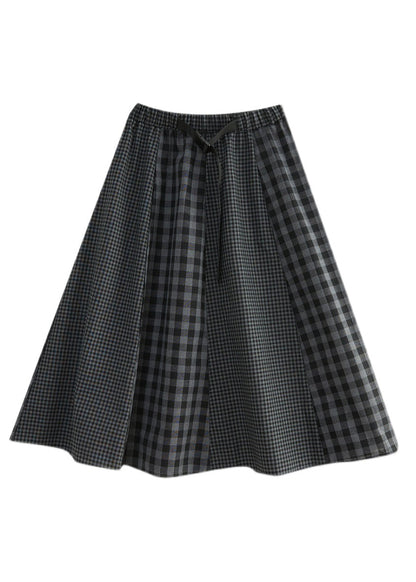 Einfache Schwarz Plaid elastische taille Patchwork A Linie Rock Frühling