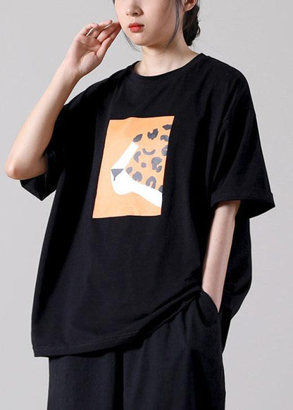Simple Black Print O-Neck Cotton Blouse Tops Short Sleeve Summer - SooLinen