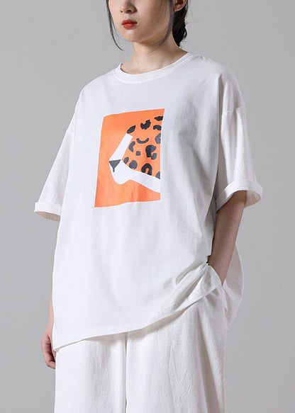 Simple Black Print O-Neck Cotton Blouse Tops Short Sleeve Summer - SooLinen