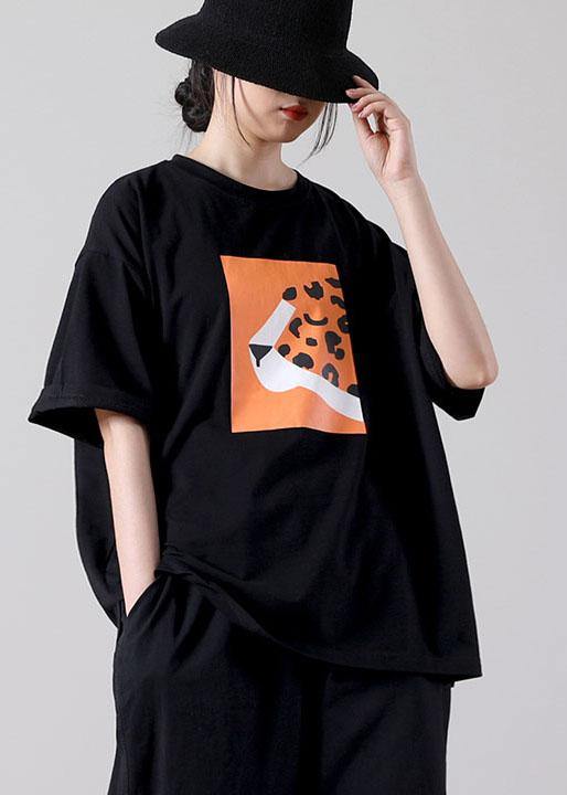 Simple Black Print O-Neck Cotton Blouse Tops Short Sleeve Summer - SooLinen