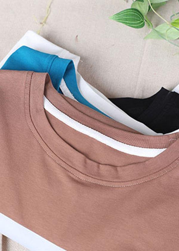 Simple Black Print O-Neck Cotton Blouse Tops Short Sleeve Summer - SooLinen