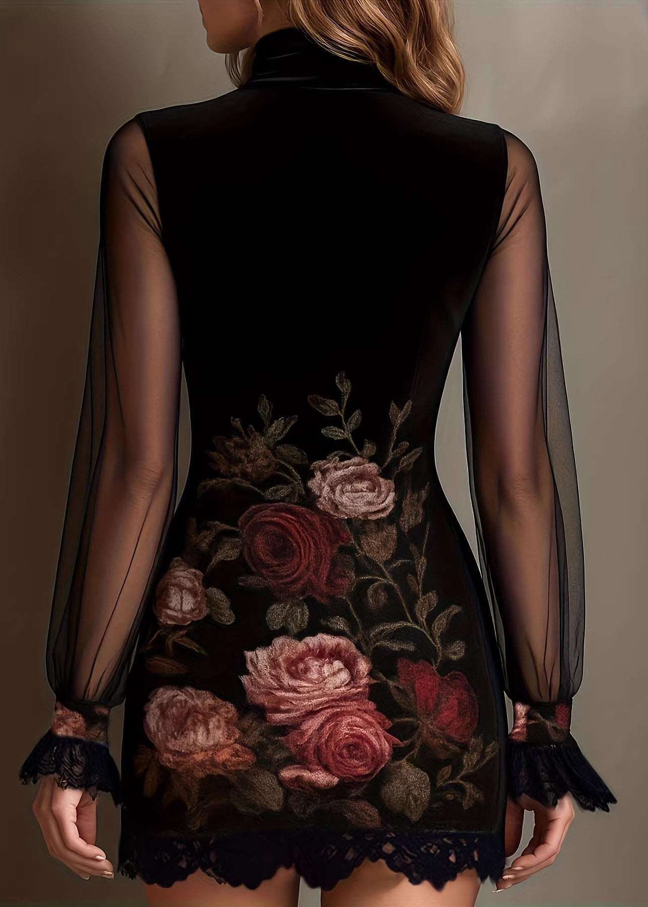 Simple Black Print Patchwork Tulle Lace Mini Dresses Long sleeve