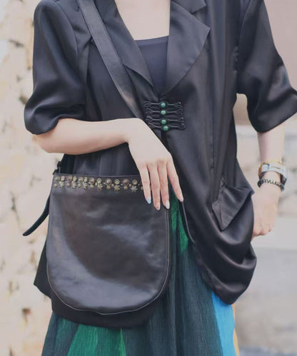 Simple Black Rivet Leather Messenger Bag