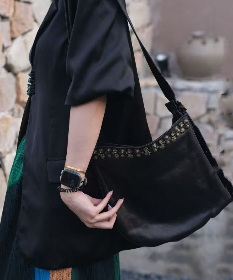 Simple Black Rivet Leather Messenger Bag