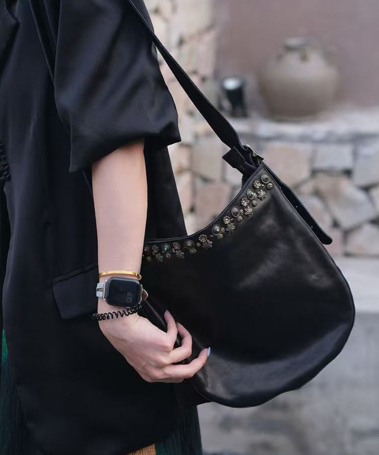 Simple Black Rivet Leather Messenger Bag