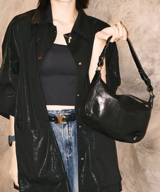 Simple Black Solid Durable Leather Cross-body Handbag