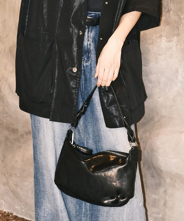 Simple Black Solid Durable Leather Cross-body Handbag