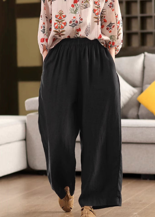 Simple Black Solid Elastic Waist Linen Pants Summer