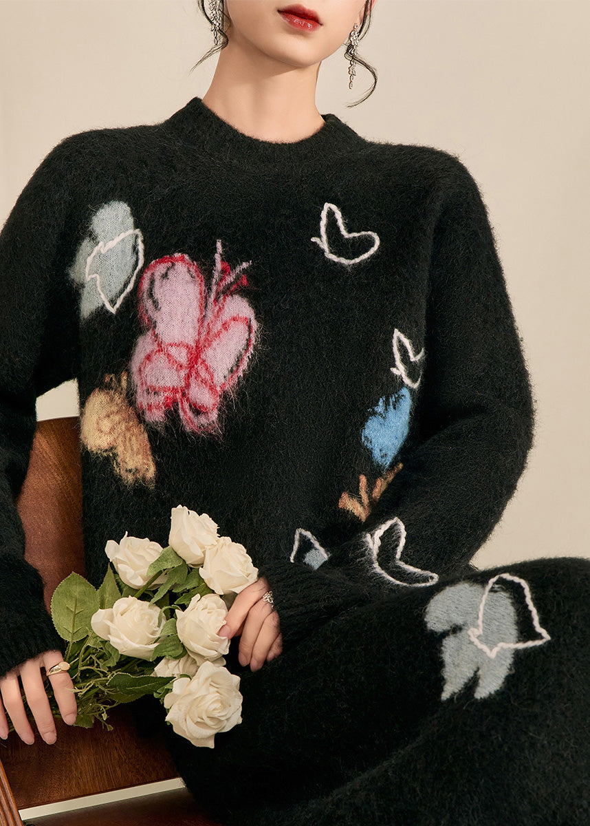 Einfacher schwarzer Stehkragenpullover mit Schmetterlingsmuster, kuscheliger Baumwollstrickpullover, Frühlings-Top