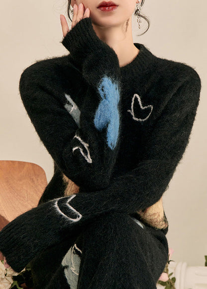 Einfacher schwarzer Stehkragenpullover mit Schmetterlingsmuster, kuscheliger Baumwollstrickpullover, Frühlings-Top