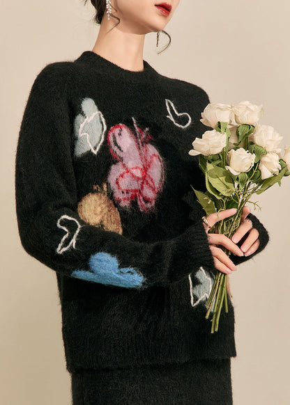 Einfacher schwarzer Stehkragenpullover mit Schmetterlingsmuster, kuscheliger Baumwollstrickpullover, Frühlings-Top