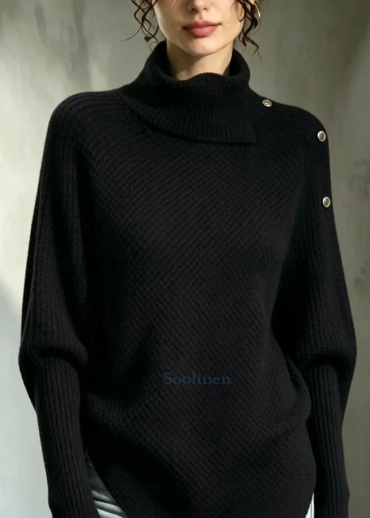 Simple Black Turtleneck Asymmetrical Knit Sweaters Fall
