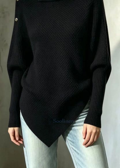 Simple Black Turtleneck Asymmetrical Knit Sweaters Fall