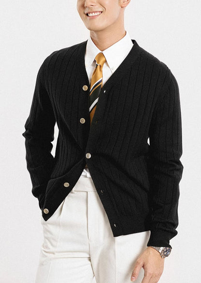 Cárdigan sencillo de punto liso con cuello en V y botones negros para hombre, primavera