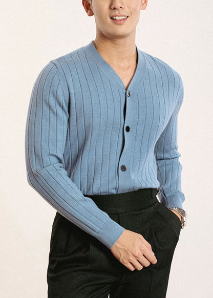 Cárdigan sencillo de punto liso con cuello en V y botones negros para hombre, primavera