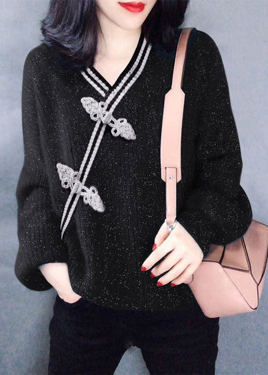 Einfache schwarze Strickoberteile mit V-Ausschnitt für den Winter