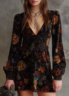 Simple Black V Neck Print Elastic Waist Mini Dress Long Sleeve