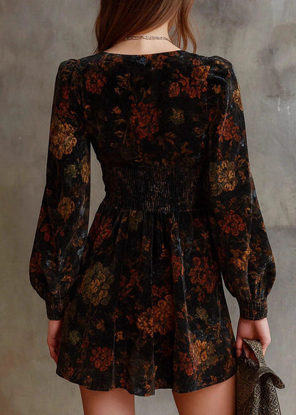Simple Black V Neck Print Elastic Waist Mini Dress Long Sleeve