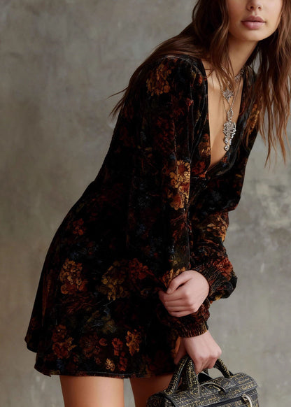 Simple Black V Neck Print Elastic Waist Mini Dress Long Sleeve
