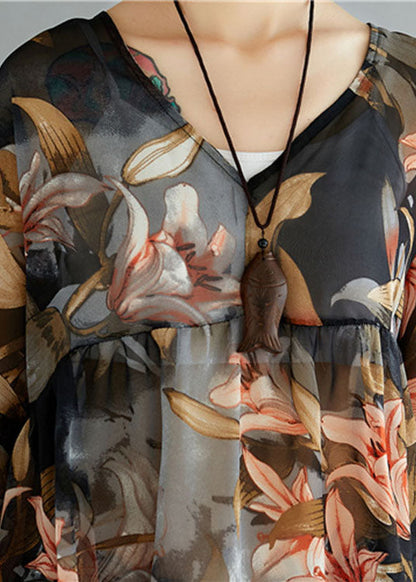 Simple Black V Neck Print Patchwork asymmetrical design Fall Shirt Half Sleeve