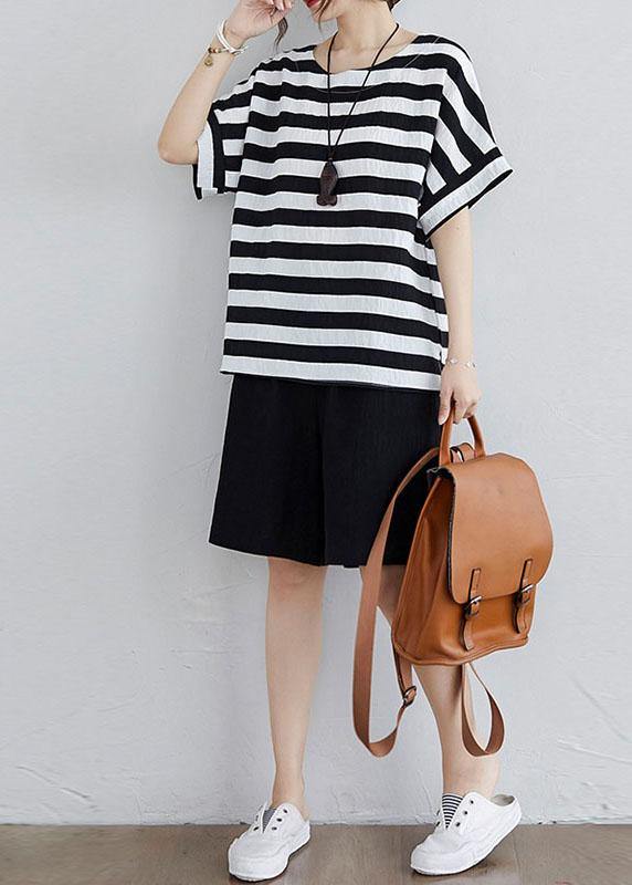 Simple Black White Striped side open Two Pieces Set Summer Cotton - SooLinen