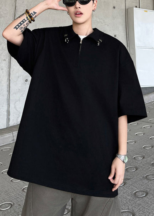 Simple Black Zip Up Letter Solid Cotton Men Polo Shirts Summer
