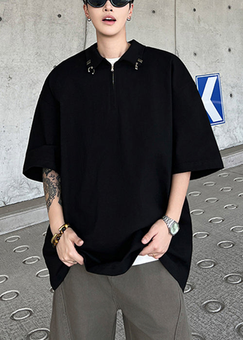 Simple Black Zip Up Letter Solid Cotton Men Polo Shirts Summer