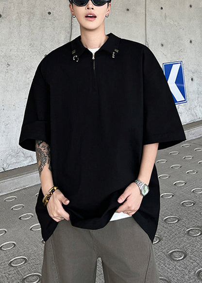 Simple Black Zip Up Letter Solid Cotton Men Polo Shirts Summer