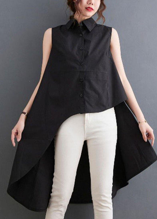 Simple Black asymmetrical design low high design Summer Blouses - SooLinen