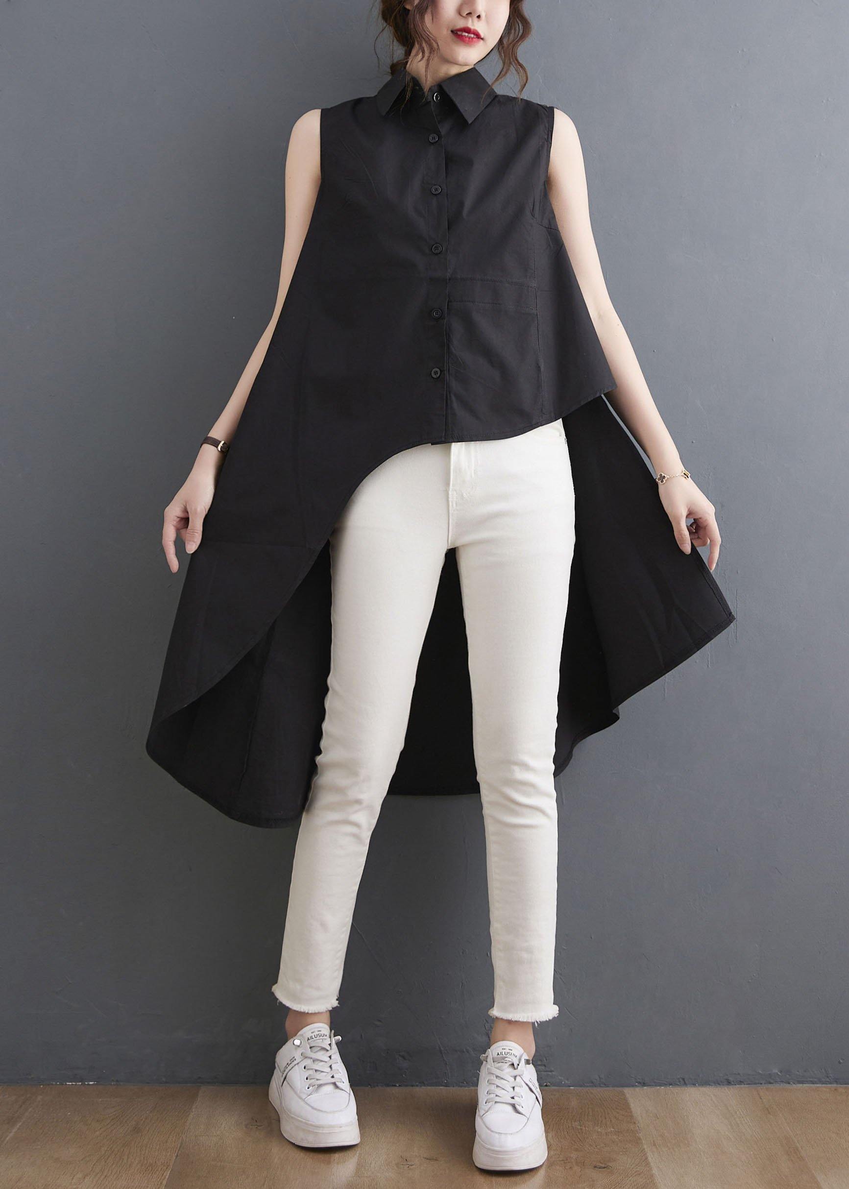 Simple Black asymmetrical design low high design Summer Blouses - SooLinen