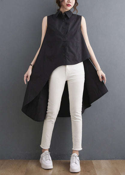 Simple Black asymmetrical design low high design Summer Blouses - SooLinen